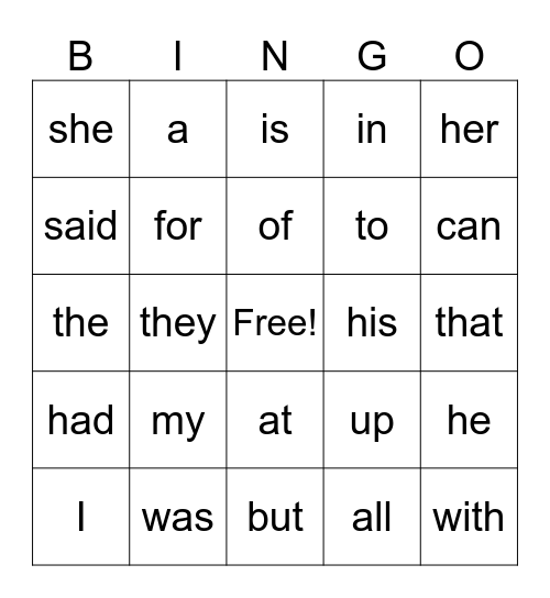 common words Bingo Card