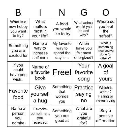 Self Esteem Bingo Card