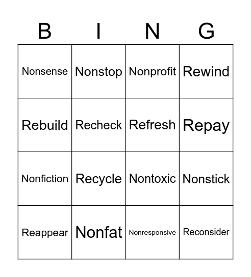 Non- and Re- Bingo Card