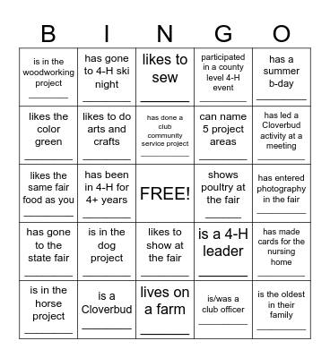 4-H/ Get to know you Bingo Card