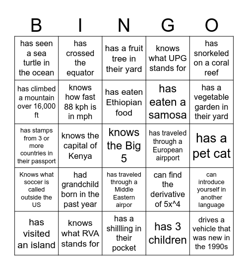 Travel Bingo Card