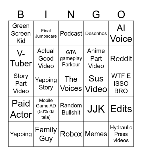 Tik tok/YT Shorts Bingo Card