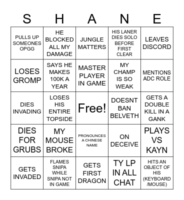 Shane bingo Card