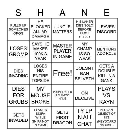 Shane bingo Card