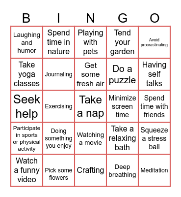 STRESS RELIEF BINGO Card