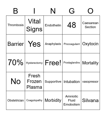 Amniotic Fluid Embolism Bingo Card