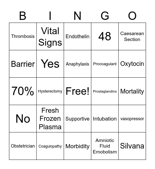 Amniotic Fluid Embolism Bingo Card