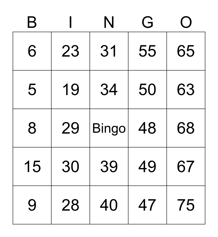 Number Bingo 1-75 Bingo Card