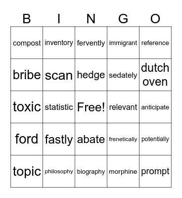 VOCABULARY Bingo Card