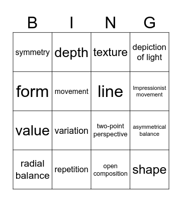 Elements of Art Bingo Card