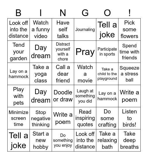 Stress reliefs bingo Card