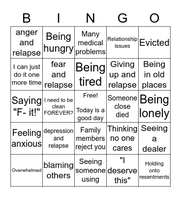 Relapse Bingo Card