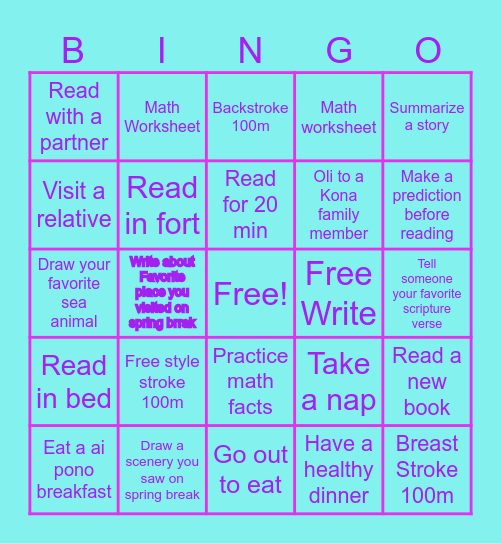 Spring Break Fun Bingo Card