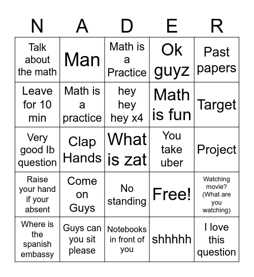 Nader Bingo Card