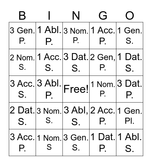 Declension Endings Bingo Card