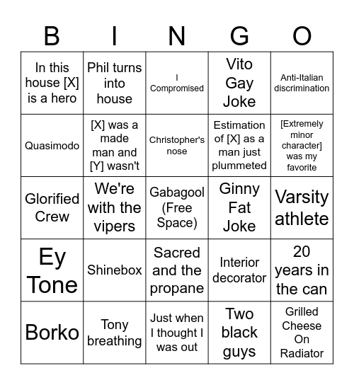 Sopranos Comment Section Bingo Card