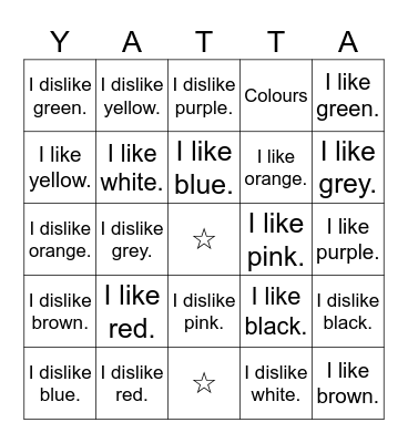 Colours - Likes/Dislikes Bingo Card