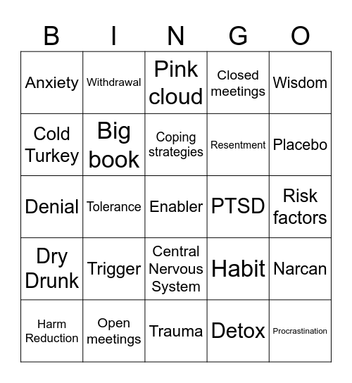 Recovery Bingo Card