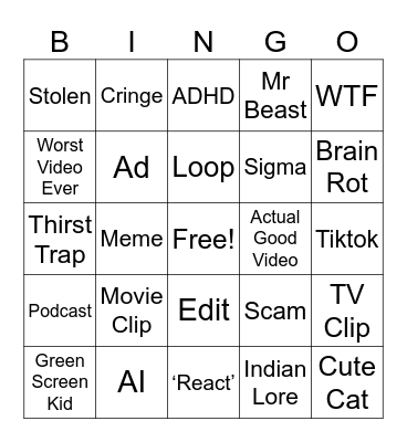 YouTube Shorts Bingo Card