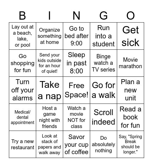 Teacher Spring Break Bingo Card