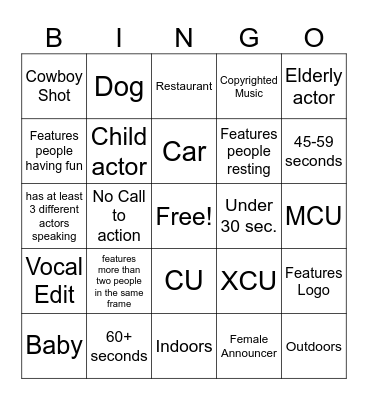 Broadcast Commercials Bingo Card