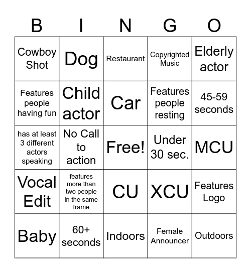 Broadcast Commercials Bingo Card