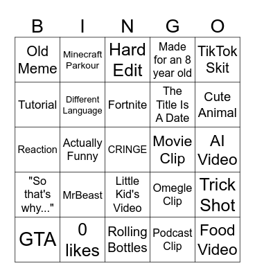 YouTube Shorts Bingo Card