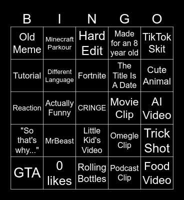 YouTube Shorts Bingo Card