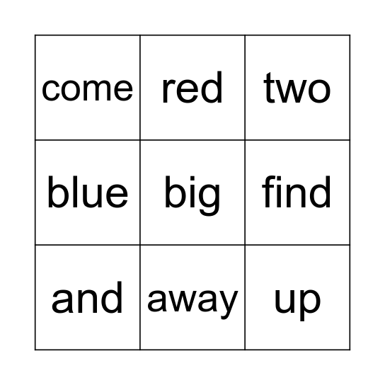 Sight Word Bingo Card