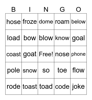 Long Vowel 'O' Combinations Bingo Card