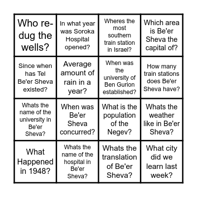 Be'er Sheva Bingo Card