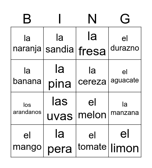 **Las frutas** Bingo Card