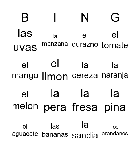 Las Frutas Bingo Card