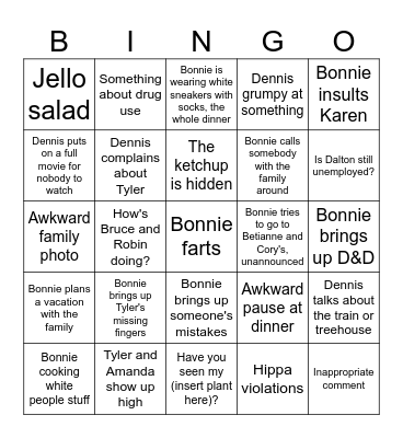 Bonnie's family dinner Bingo Card