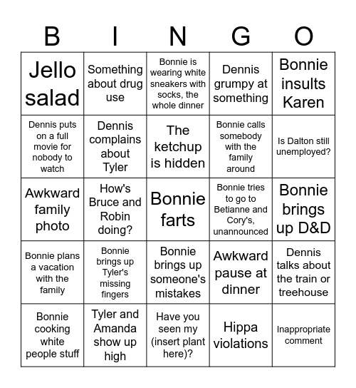 Bonnie's family dinner Bingo Card