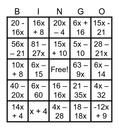 Distributive Property Math-O Bingo Card