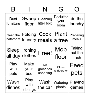 Chores I did during school holiday! Bingo Card
