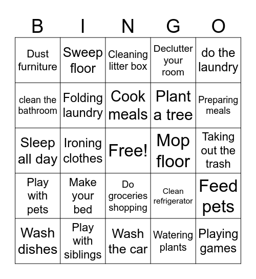Chores I did during school holiday! Bingo Card