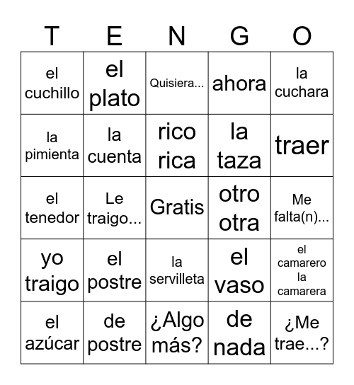 Spanish 1 5B Vocab #2 Bingo Card