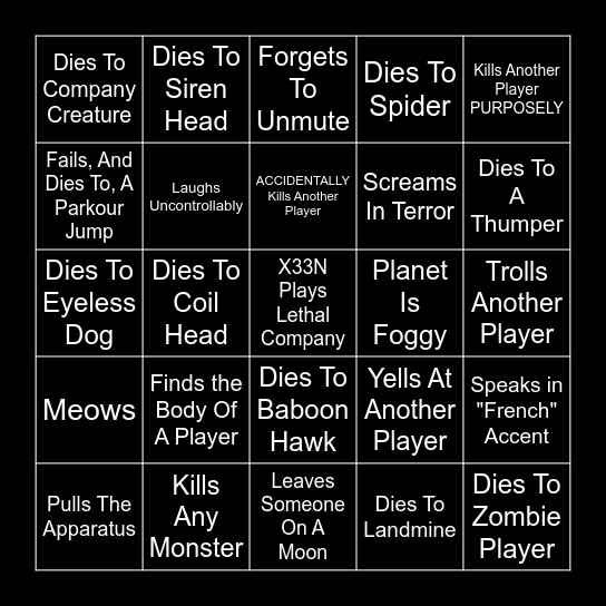 X33N Lethal Company Bingo V3 Bingo Card