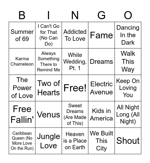 MM 80's #1 Bingo Card