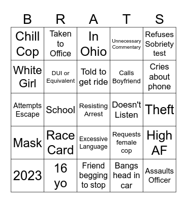 Spoiled Brat Bingo Card