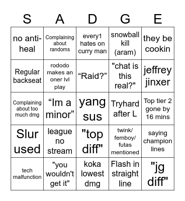 SGC LEAGUE SESSION BINGO Card