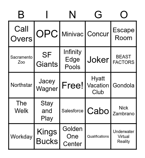 Hyatt Bingo Card