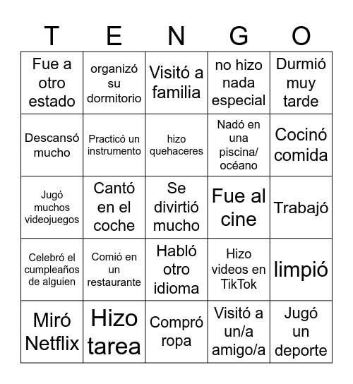 ¿Qué hizo cada estudiante durante el descanso de primavera? Bingo Card