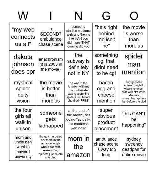 MADAME WINGO Bingo Card