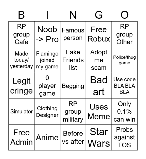Roblox Ads Bingo Card