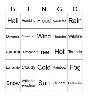 Weather Vocabulary (Nouns) Bingo Card