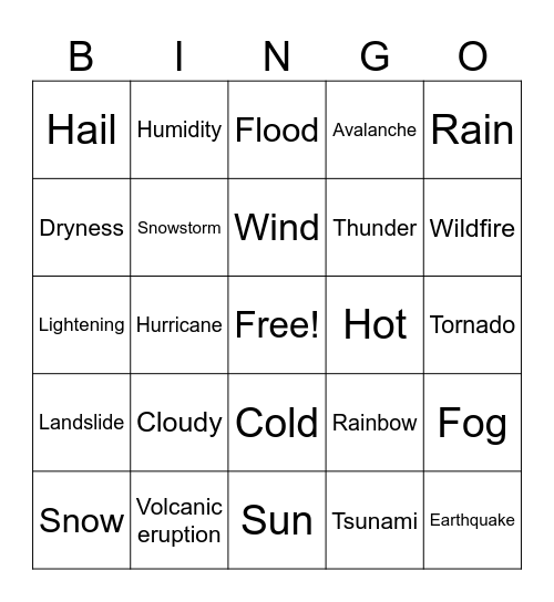 Weather Vocabulary (Nouns) Bingo Card
