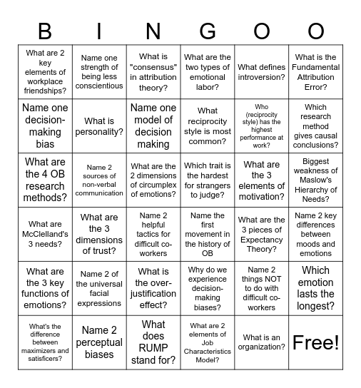 Intro to OB Mid-Course Review! Bingo Card